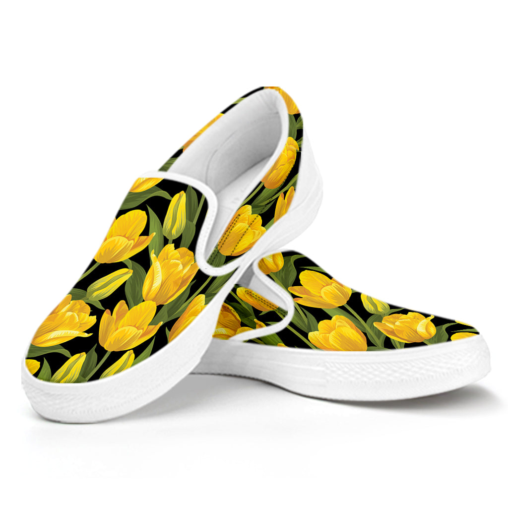 Yellow Tulip Pattern Print White Slip On Shoes