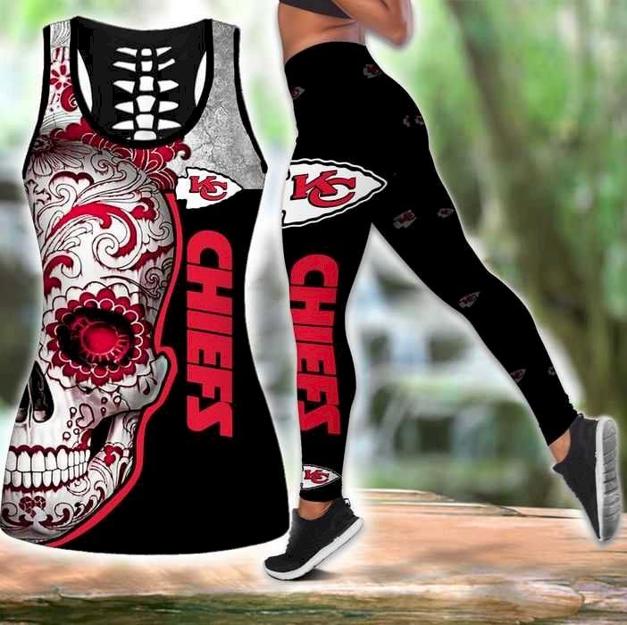 Womens Kansas City Chiefs Skull Tank Top And Leggings Set For Yoga