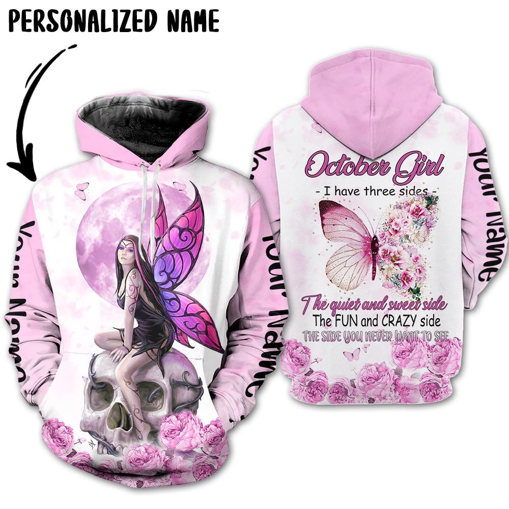 Personalized Name Birthday Outfit October Girl Skull Flower Pink Bufterfly All Over Printed Birthday Shirt