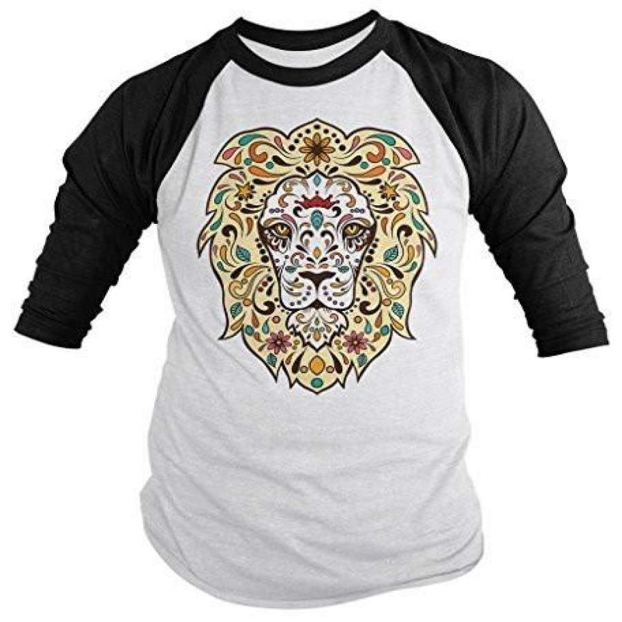 Shirts By Sarah Men’s Lion Sugar Skull T-Shirt 3/4 Sleeve Hipster Shirts