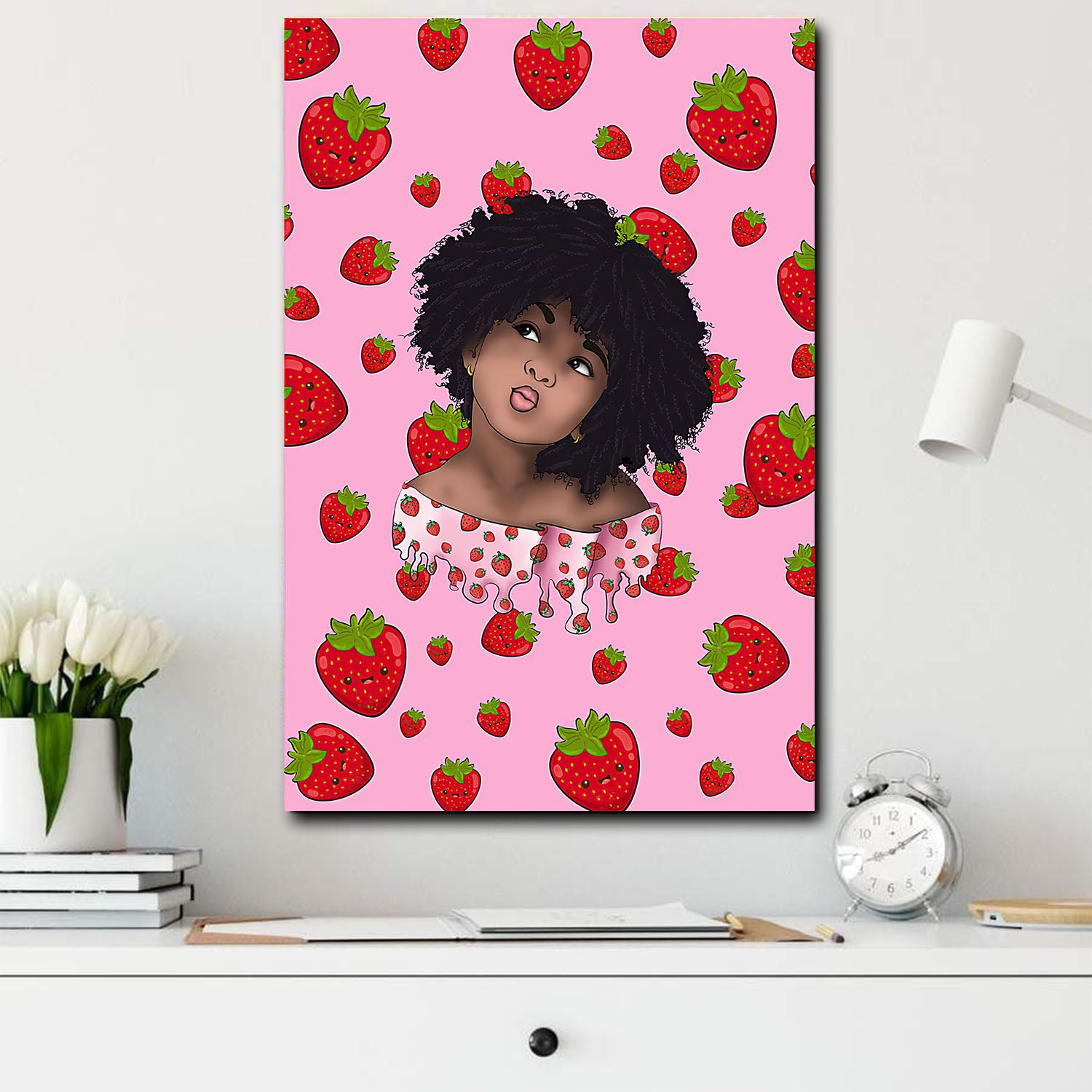 African American Canvas Black Chibi Girl And Strawberry African Inspired Home Decor