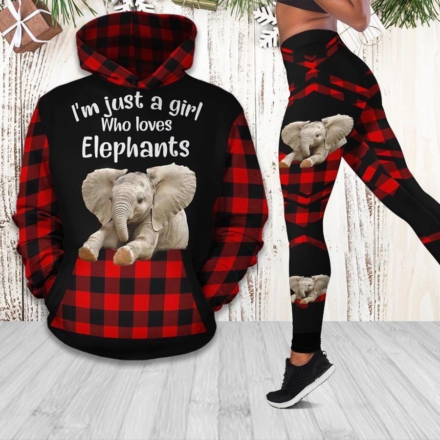 Love Elephant Red Plaid 3D Hoodie Legging Set Combo