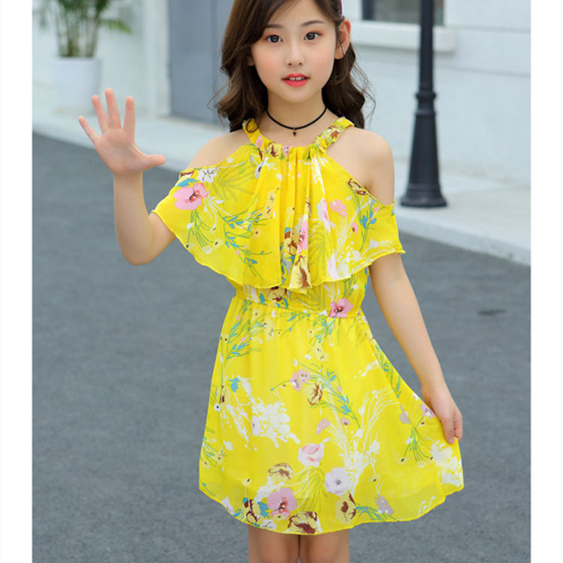 Baby Girls Chiffon Yellow Dress with Flowers New Summer Infant Princess Yellow Dress for Girls Chiffon Clothing 4 5 7 9 11 13 T alx