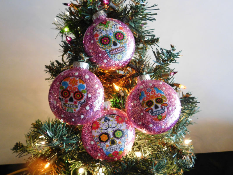 Sugar Skulls Decorated Glass Christmas Ornaments – Set Of 4