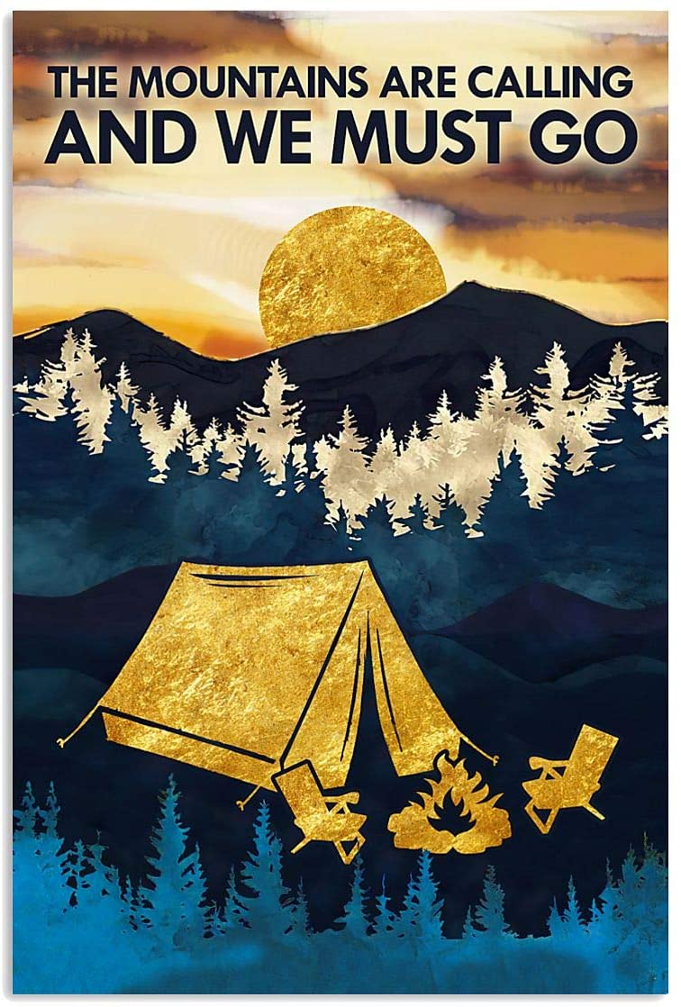 Vintage Camping The Mountains Are Calling And We Must Go Poster Art Print      Home Decor Gift For Men Women Family Friend On Birthday Xmas