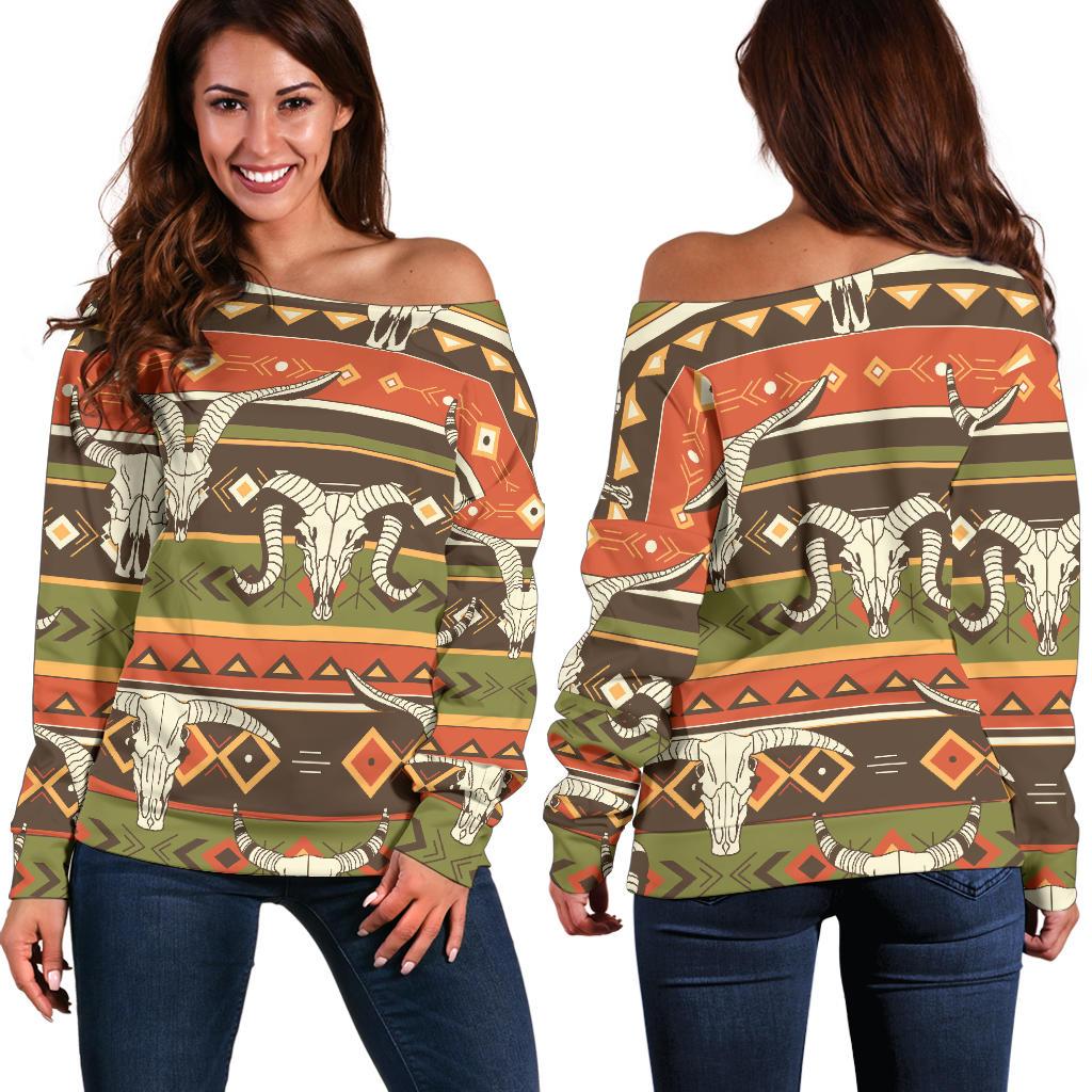 American Indian Skull Animal Off Shoulder Sweatshirt