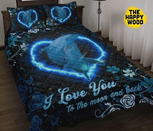 Dolphin Heart I Love You To The Moon And Back Quilt Bed Set And Pillow Covers