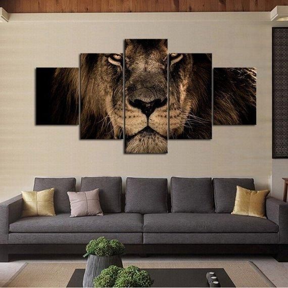 Stare Lion Animal 5 Panel Canvas Art Wall Decor