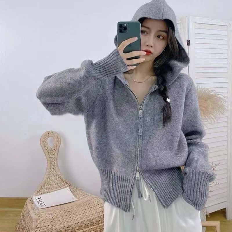 Autumn And Winter New Style Casual Fashion Double Zipper Hooded Knitted Sweater Cardigan Long-sleeved Solid Color Blouse Women alx