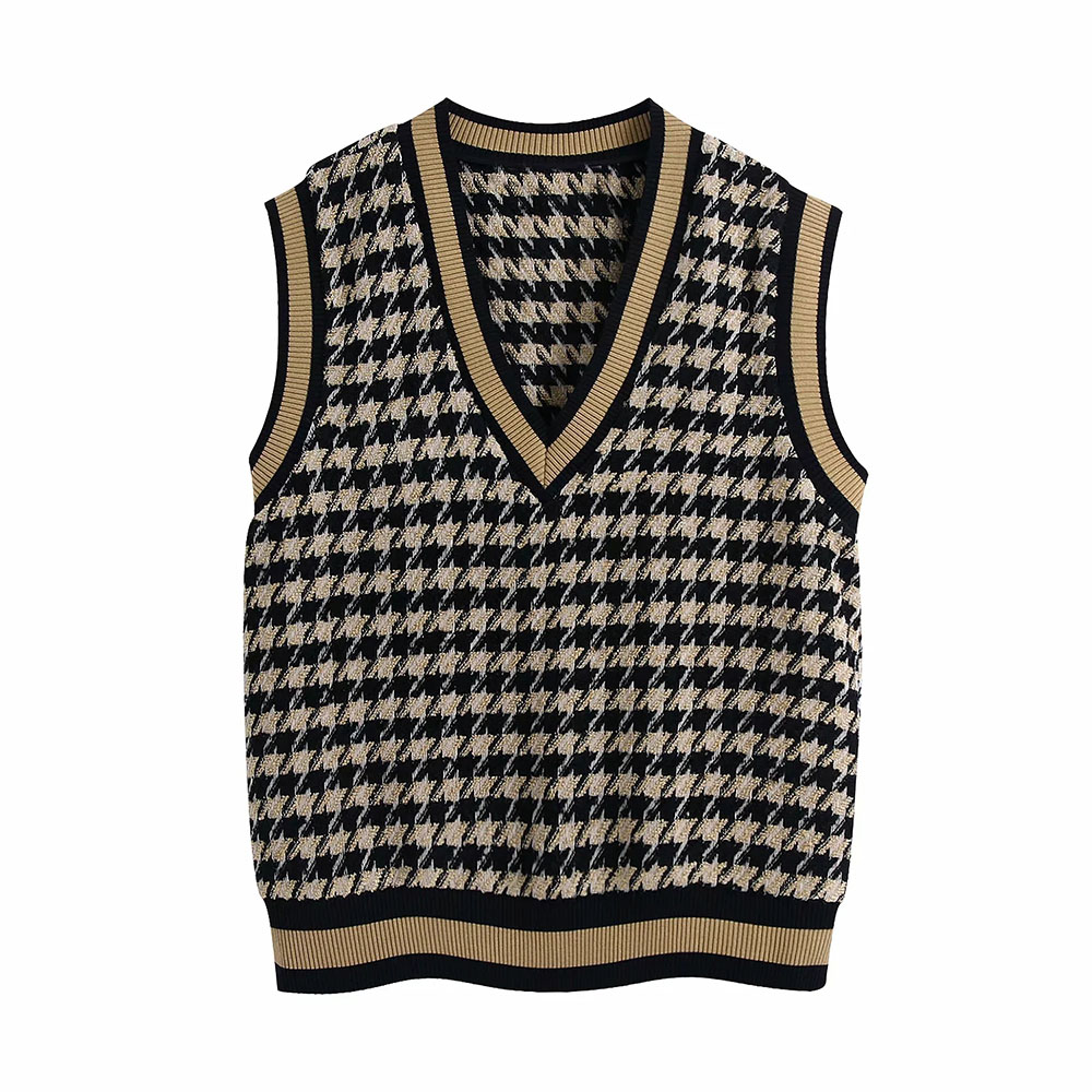 Women Oversized Contrast colors Houndstooth Sleeveless Knit Vest Sweater Pullover Tank Top Fashion Waistcoat Jersey Pull Femme alx