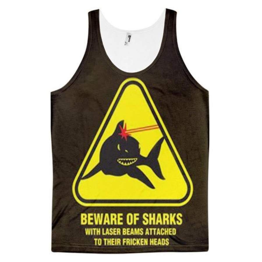 Beware Of Sharks With Laser Beams Attached To Their Fricken Heads Funny Caution Shark Dye Sublimation All Over Print 3D Full Print Cotton Polyester Unisex Novelty Brown Yellow & Black Tank Top