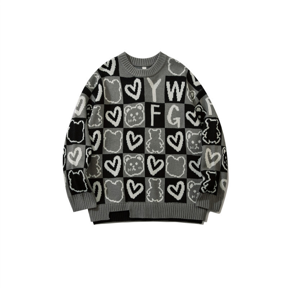 Bear Heart Printed Knitted Sweaters Men Harajuku Hip Hop Streetwear Cute Sweater Jumpers Loose Couples Knitwear Pullover Autumn alx