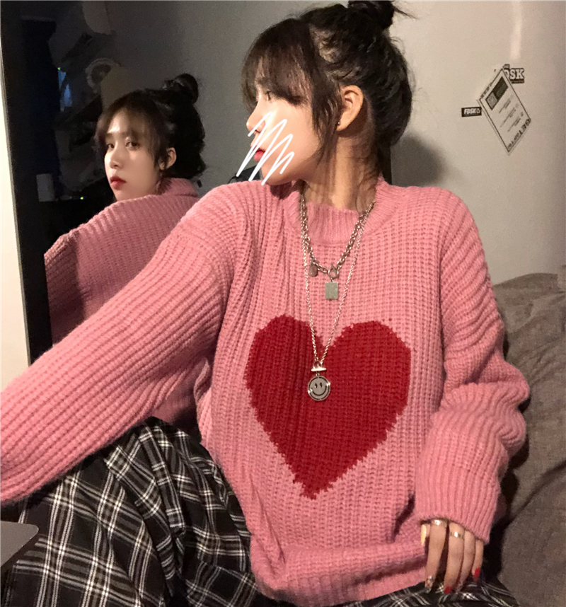 2021 Winter New Sweet Heart Pattern Sweater Retro Harajuku Style Full Sleeve Pullover Loose Knit Casual Sweater alx