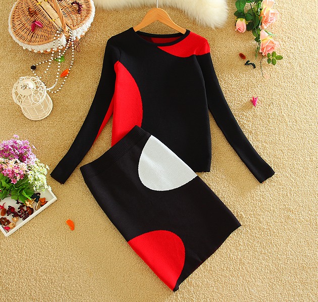 2021 New Spring Fall New Women Knit Skirt Suits Geometric Pattern Women Sweater Top and One Step Knited Skirt Sets Red Tracksuit alx