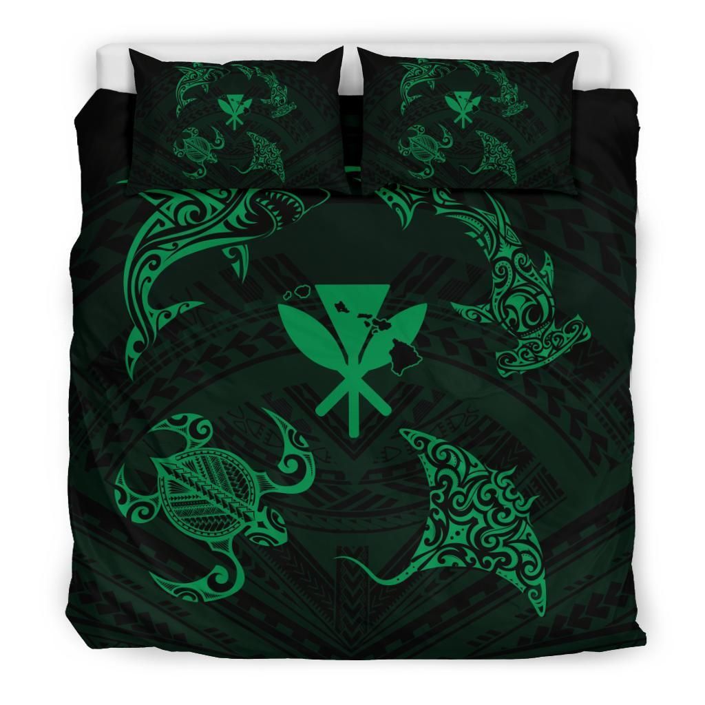 Alohawaii Bedding Set – Cover And Pillow Cases Polynesian Turtle Hammerhead Shark Ray Kanaka Hawaii Circle Green – Ah – J5