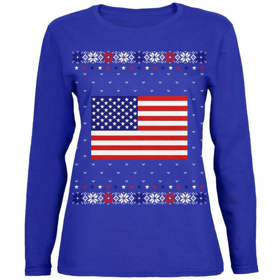 USA American Flag Ugly Christmas Sweater Womens Long Sleeve T Shirt