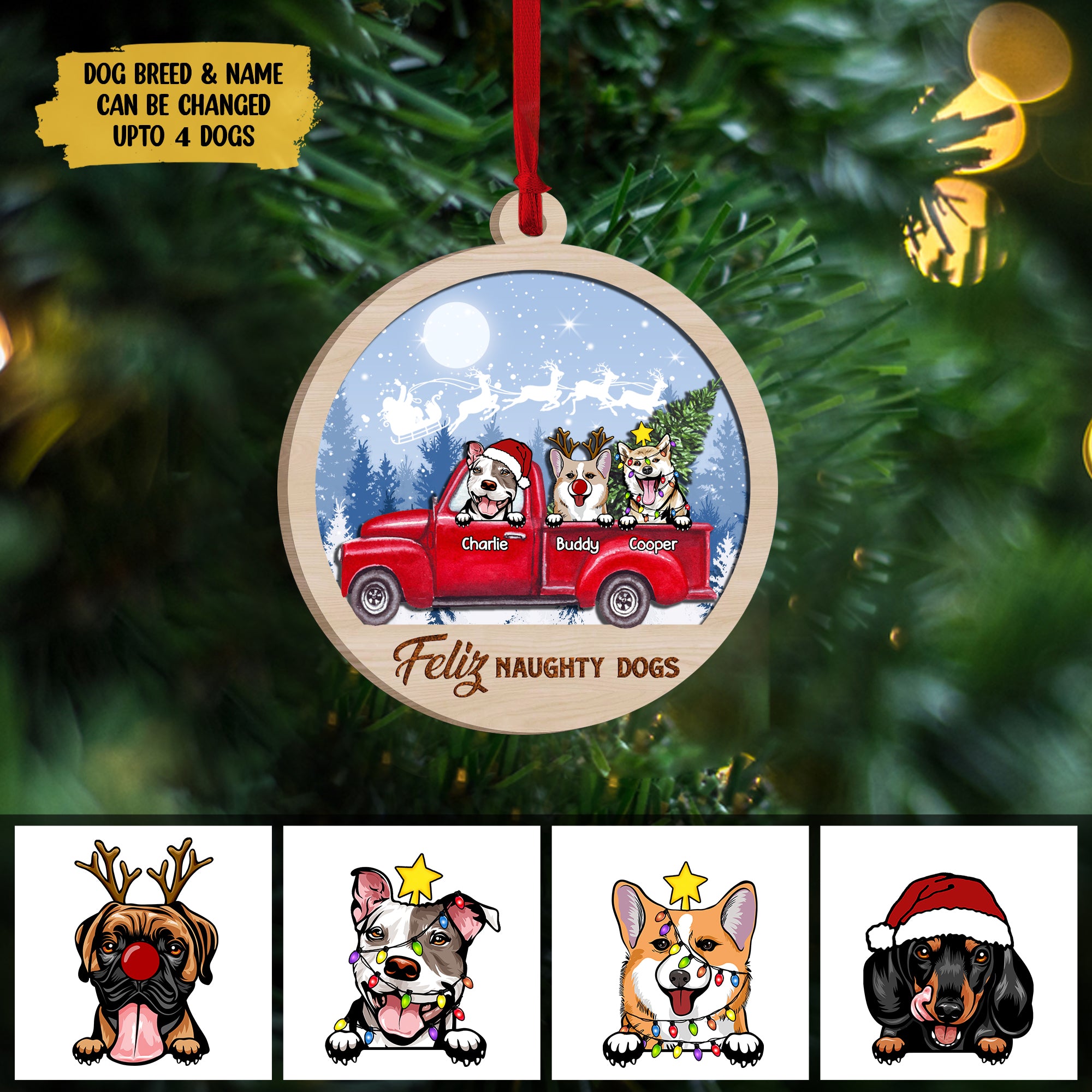 Feliz Naughty Dogs Personalized Wooden Layered Ornament, Custom Christmas Decoration Gift For Dog Lovers