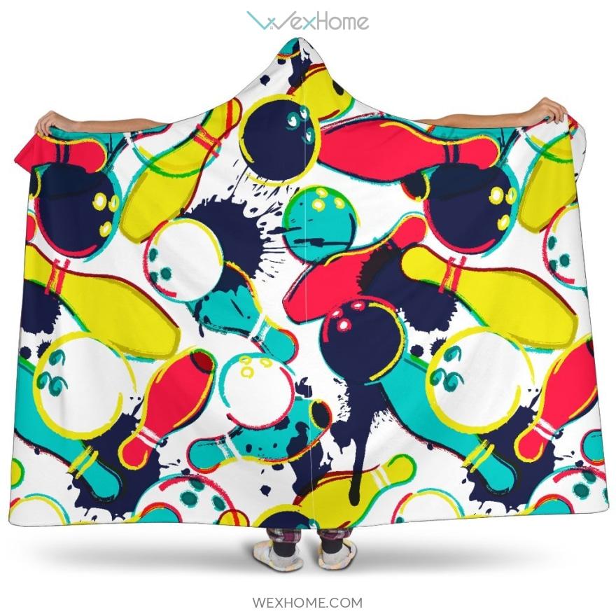 Watercolor Bowling Ball Pins Hooded Blanket