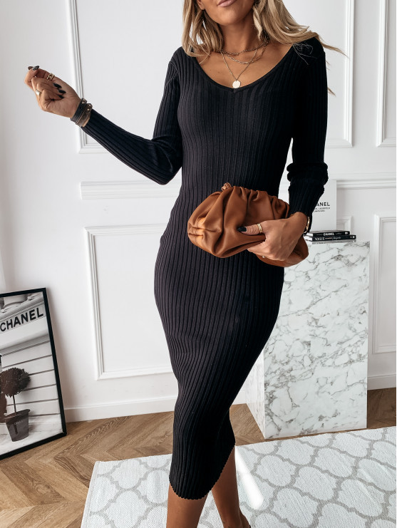 Autumn Winter Long Sleeve Ribbed Midi Dress Women Long Sleeve Bodycon Pencil Dress Elegant Ladies Solid Color Backless Dress alx