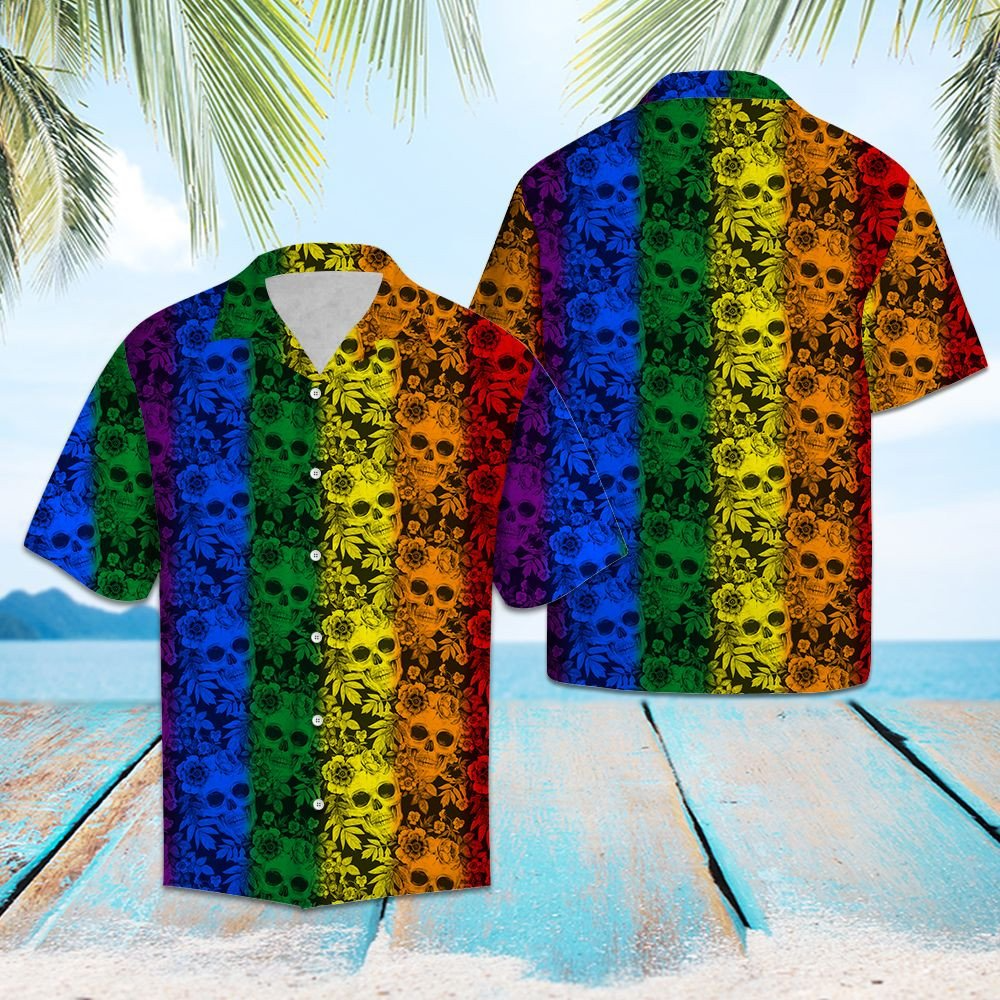 Tropical Plants And Skull Lgbt Color Striped Pattern Hawaii Gay Pride Shirt Ha13237