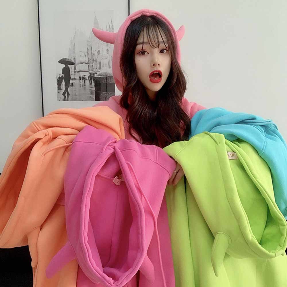 2022 Spring Devil Horn Hooded Sweatshirt Women Plus Velvet Warm Loose Harajuku Hoodies Best Friends Match Cute Pullover Tops alx