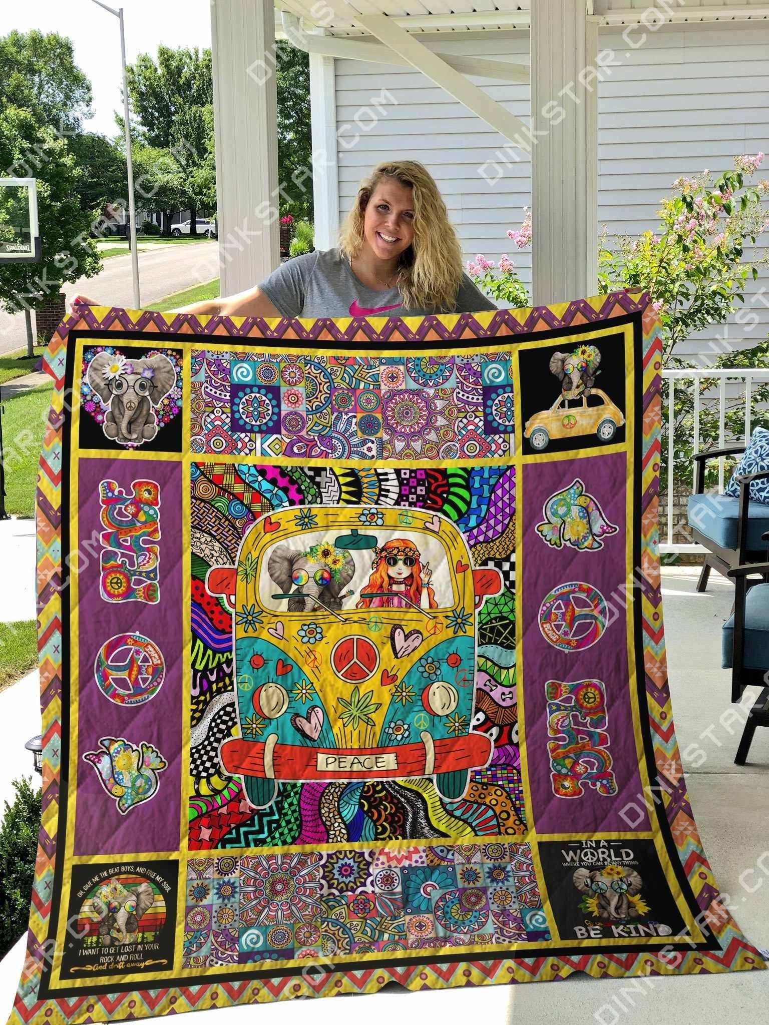 Hippie Girls Elephant  Pattern  Peace  Quilt Blanket