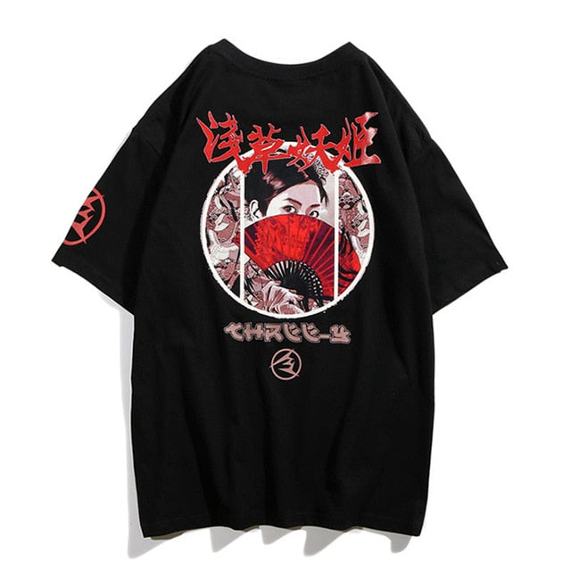 Yakuza Woman Fan Printed Hip Hop Streetwear Loose Tees