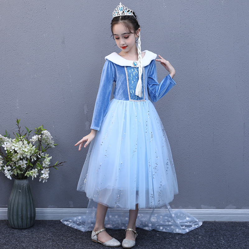 Snow Queen Anna Elsa 2 Christmas Dress Kids Halloween Carnival Elza Girls Crystal Blue Long Sleeve Elsa Dress Costume roupas alx