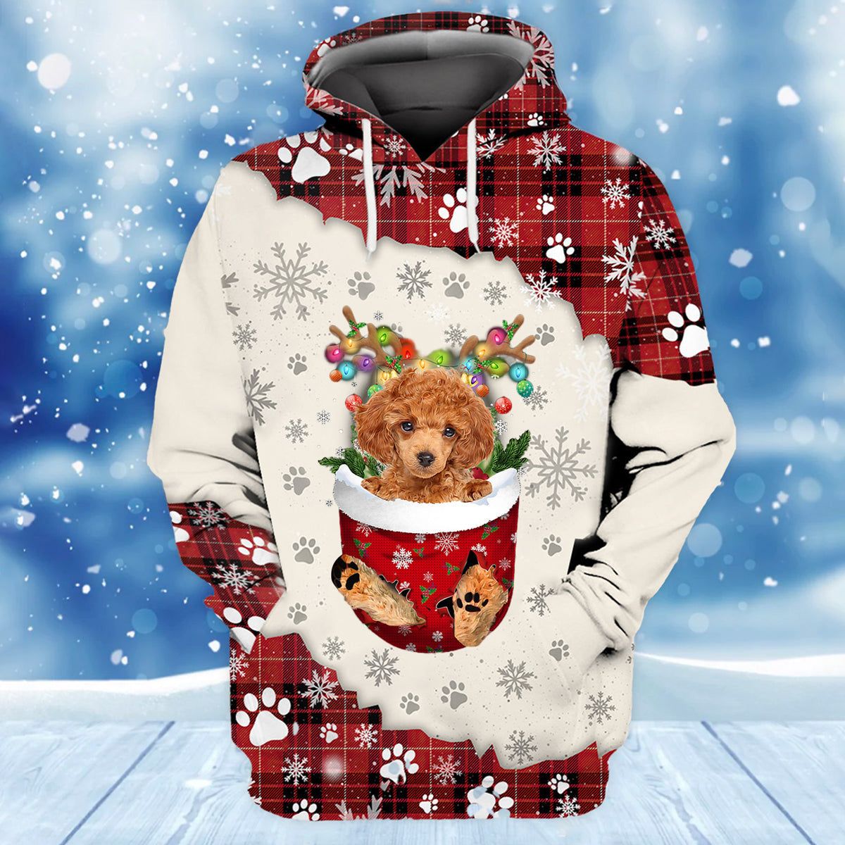 Red Toy Poodle In Snow Pocket Merry Christmas Unisex Hoodie