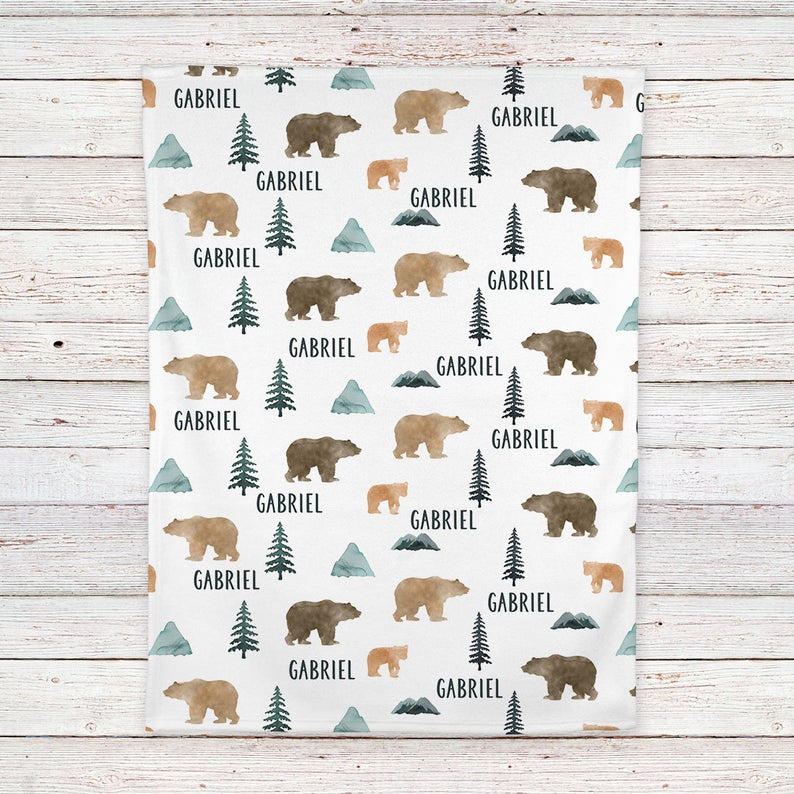 Bears And Mountains Woodland Baby Blanket, Personalized Baby Blanket Gift, Toddler Blanket, Baby Shower Gift