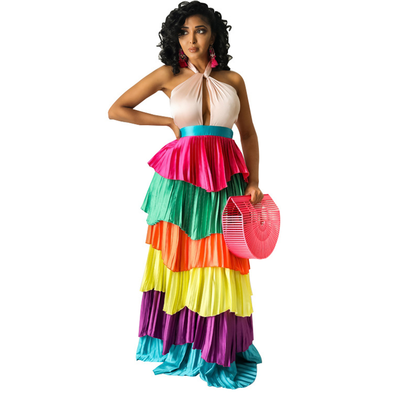 XURU Sexy Multicolor Cake Pleated Dress 2022 European and American Summer New Halter Ladies Dress alx