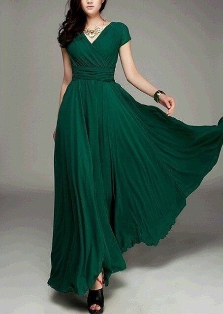 2022 Summer Women’s Fashion Elegant Chiffon Dress Boho V Neck Long Evening Dress Ladies Short Sleeve Waist Slim Party Dress alx