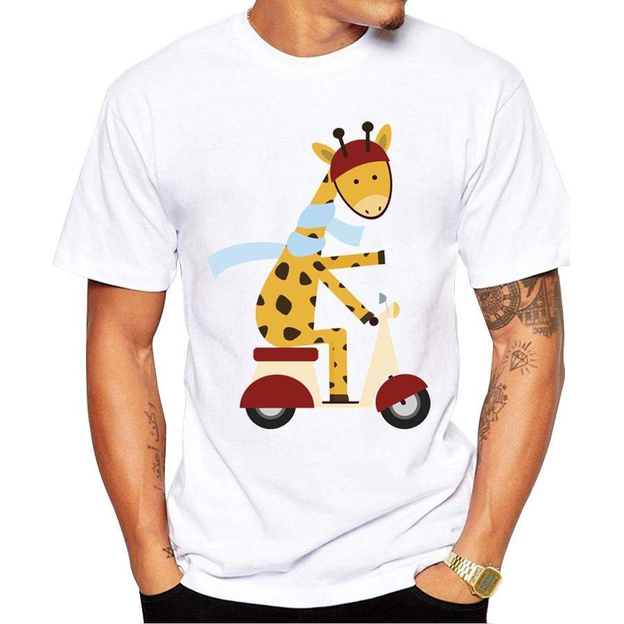 Men Fashion T shirt Hipster Printed Tee Shirts Short Sleeve Tops Giraffe on Motor Scooter T-Shirt