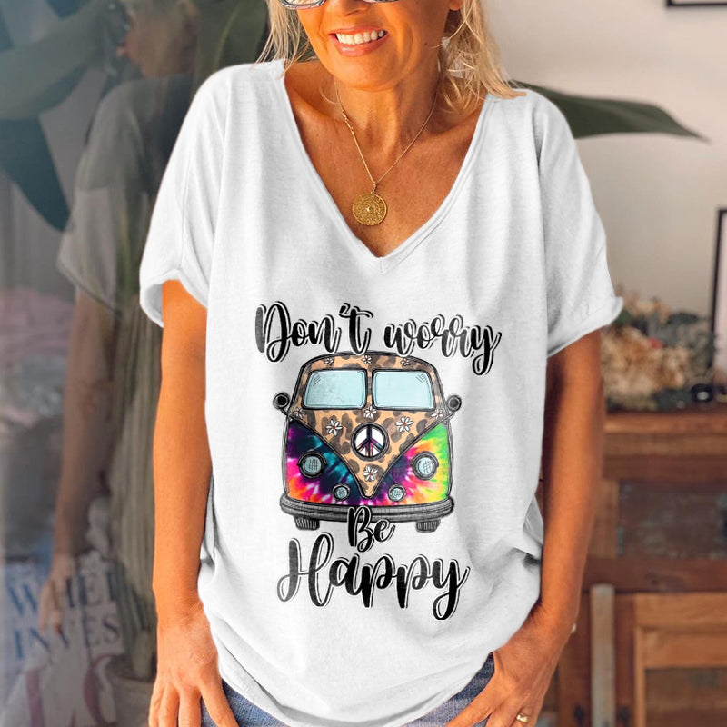 Oversize Don’T Worry Be Happy Leopard Bus Graphic Tees