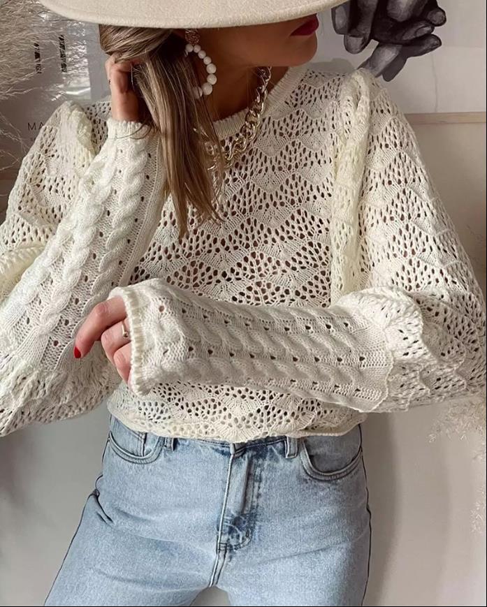 Sweater Long Sleeve for Women Solid Color Hollow Out O-neck Casual Pullovers Sweatshirt Girls alx