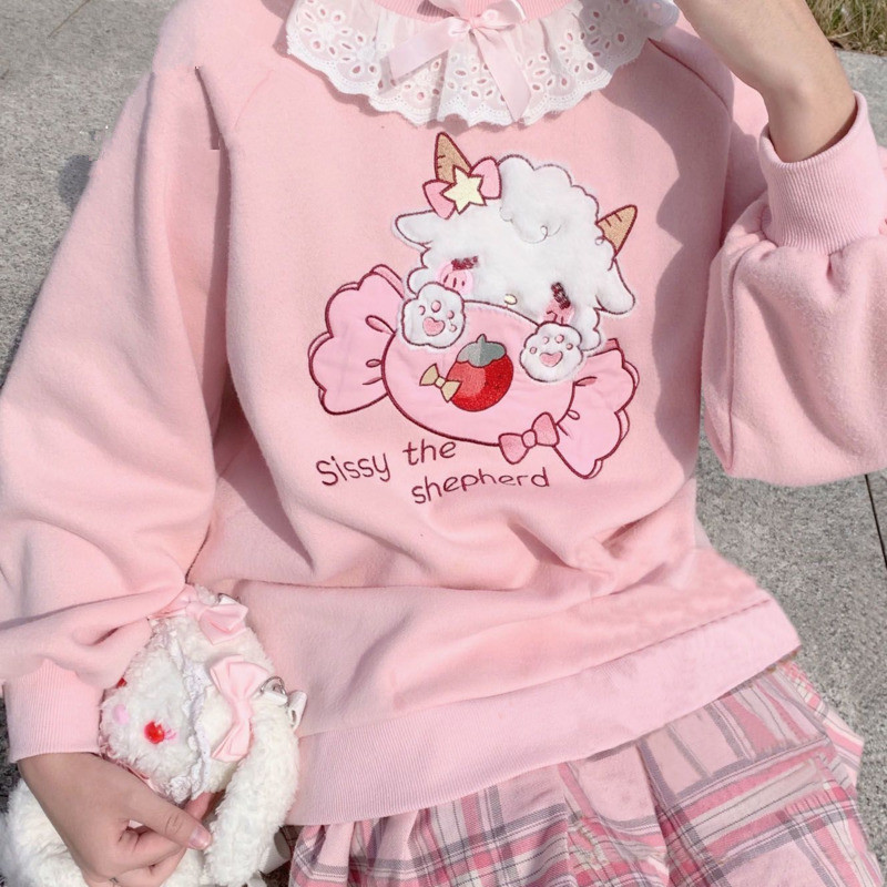 2022 Spring Women Lace Neck Cute Hoodies Harajuku Kawaii Sweatshirt Lolita Girl Pink Pullover Lamb And Candy Embroidery Sudadera alx