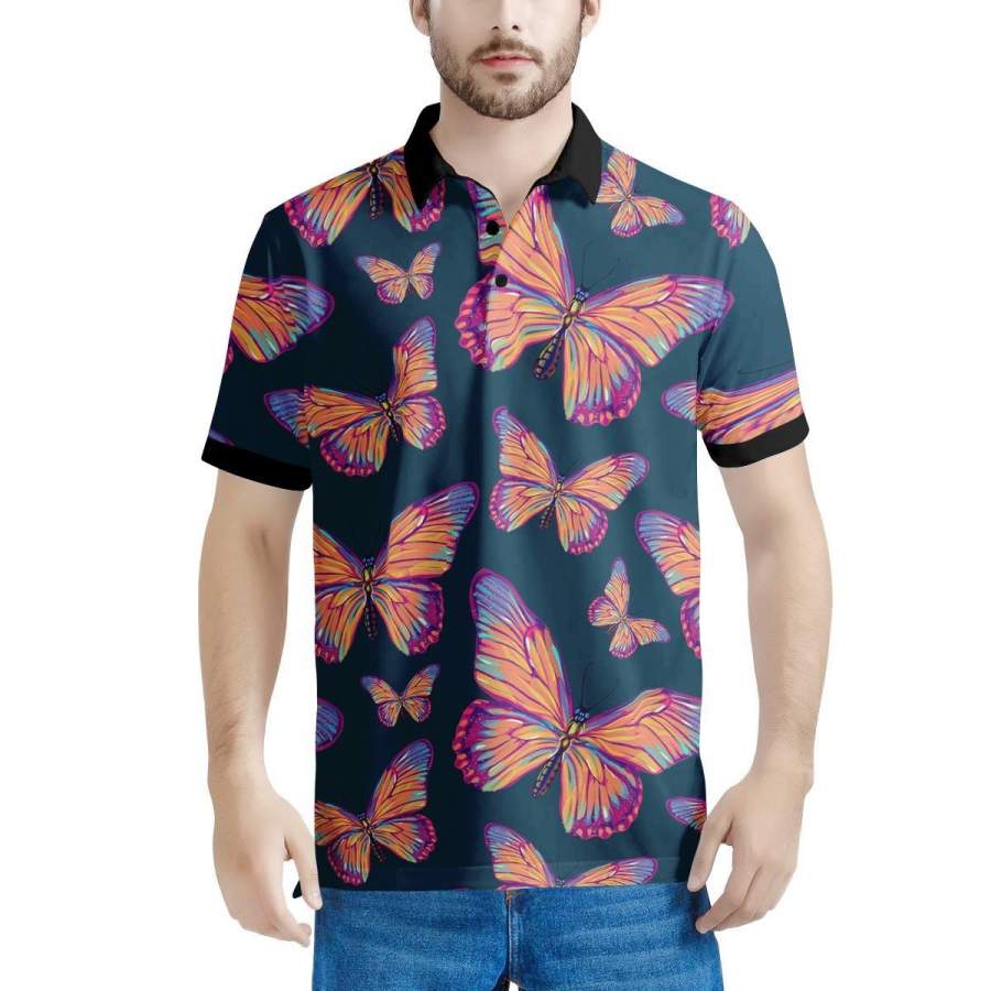 Watercolor Butterfly Print Men's Polo Shirts