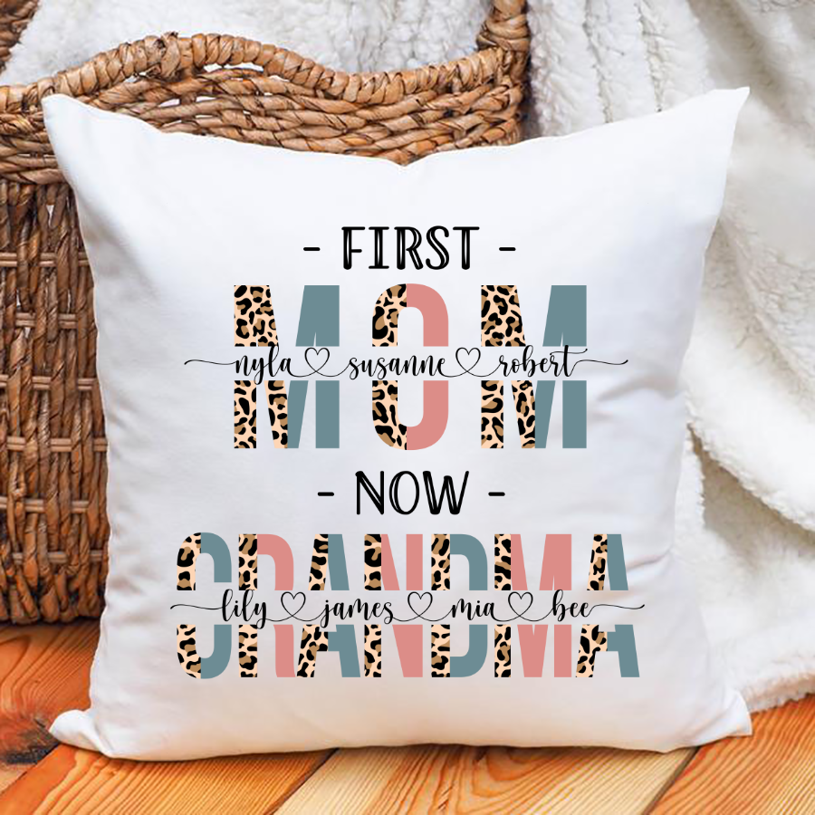 Personalized First Mom Now Grandma Leopard Indoor Pillow