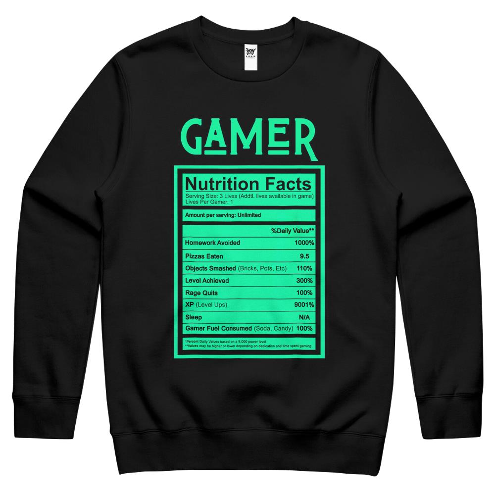 Nutritional Facts Shirt, Gamer Nutrition Facts Shirt, Funny Gamer Nutrition Fact Nutritional Facts Gamers Gaming Crewneck Sweatshirt