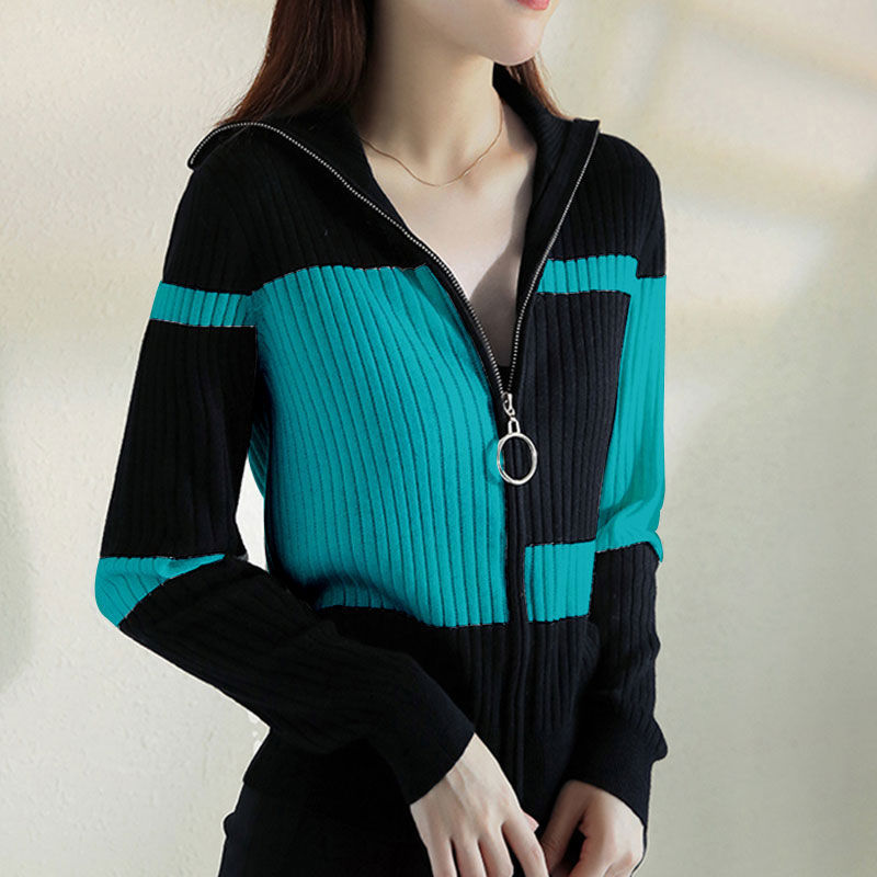 Women Cardigans Knit Sweater Coat Autumn Winter Long Sleeve Geometric Clashing Colors Zipper Female Y2K Fashion Casual Sweaters alx