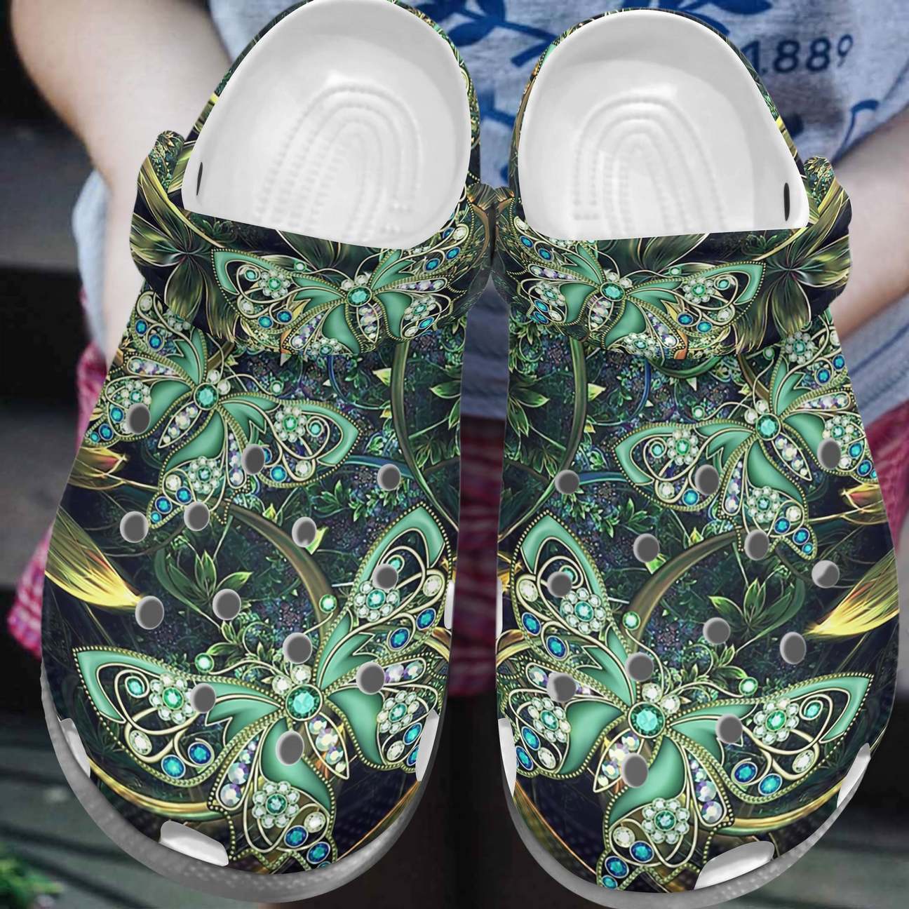 Butterfly Personalized Clog, Custom Name, Text, Color, Number Fashion Style For Women, Men, Kid, Print 3D Green Diamond Butterfly