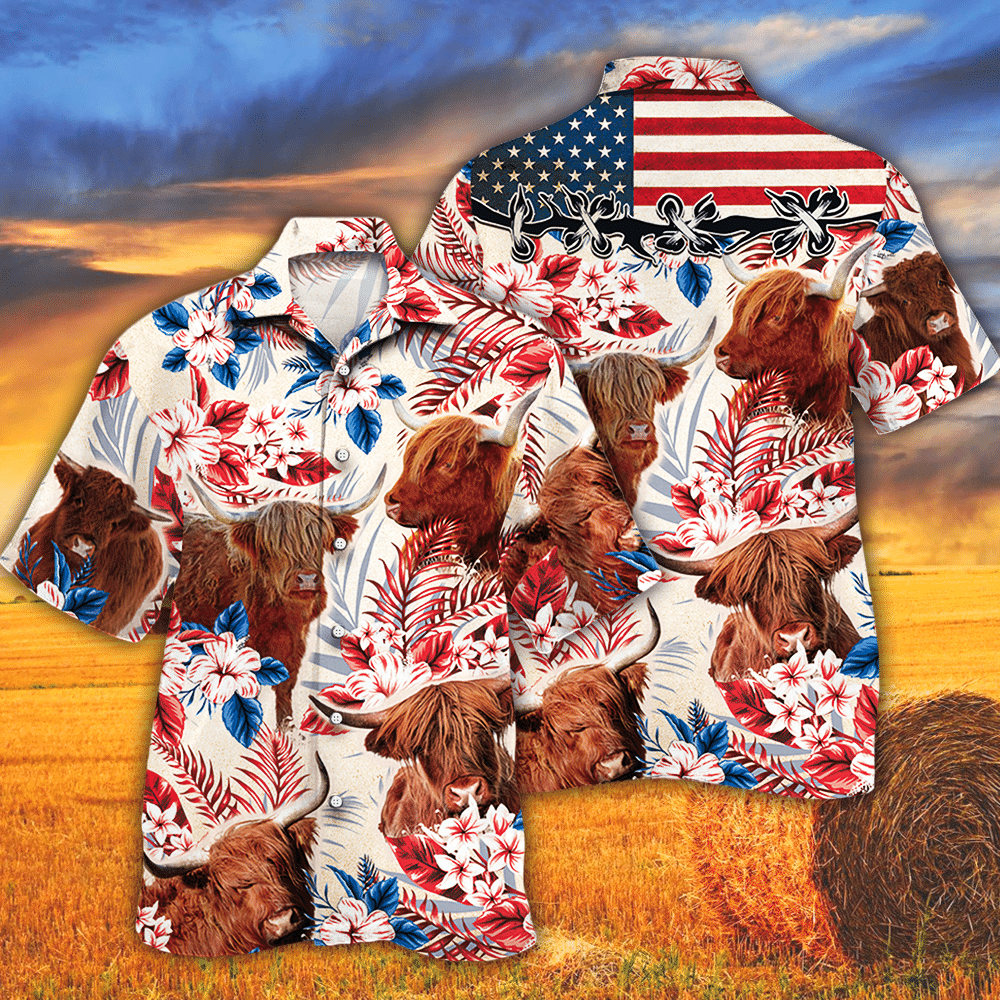 Highland Cattle Lovers American Flag Hawaii Cow Hawaii Shirt For Men Women Ha83905