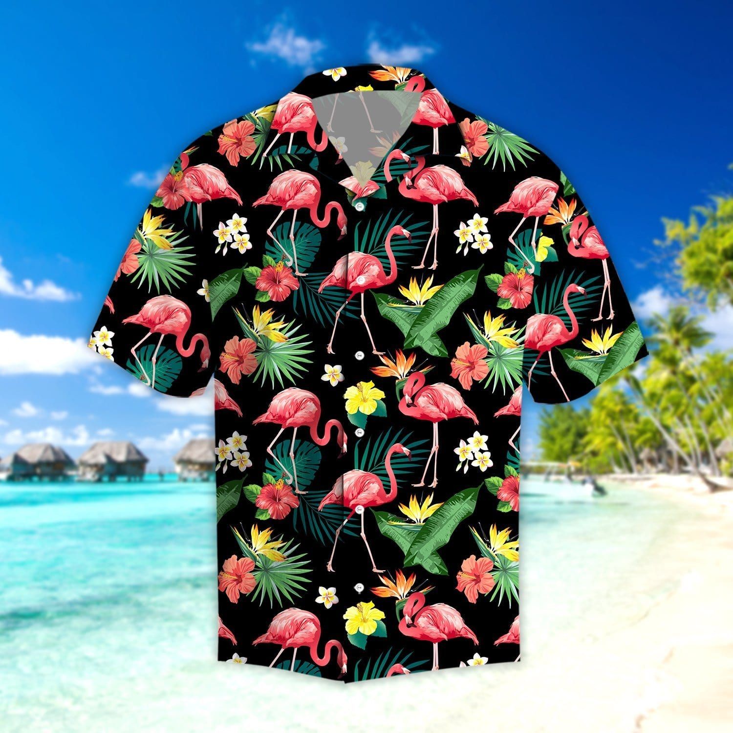 Flamingo Tropical Black Unisex Hawaiian Shirts