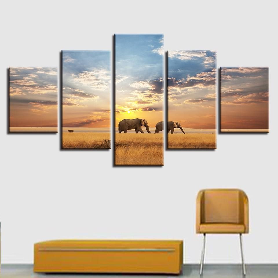 Animal Elephant Animal 5 Panel Canvas Art Wall Decor