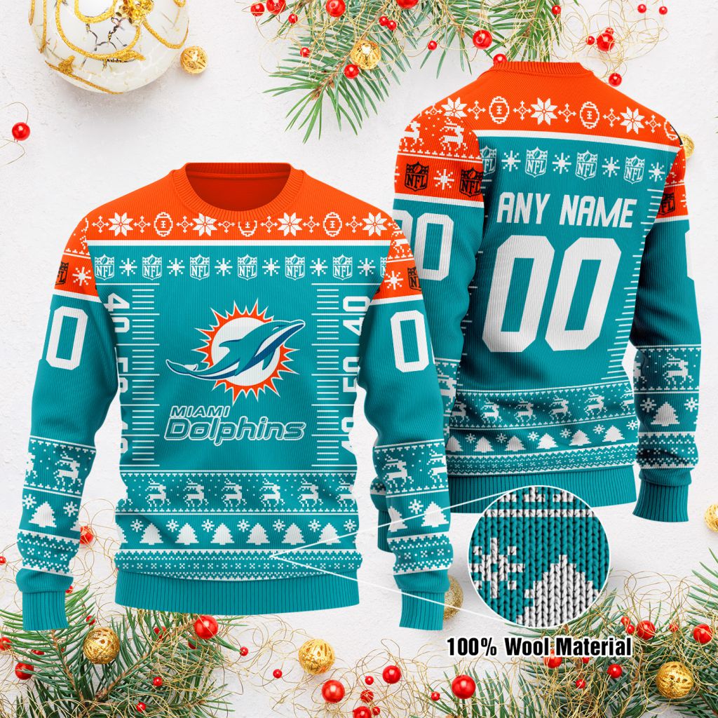 Miami Dolphins Custom Name Number Gift For Fan Ugly Wool Sweater Christmas