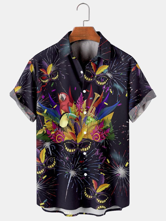 Mens Mardi Gras Carnival Masks Print Black Casual Short Sleeve Hawaii Shirts Ha98687