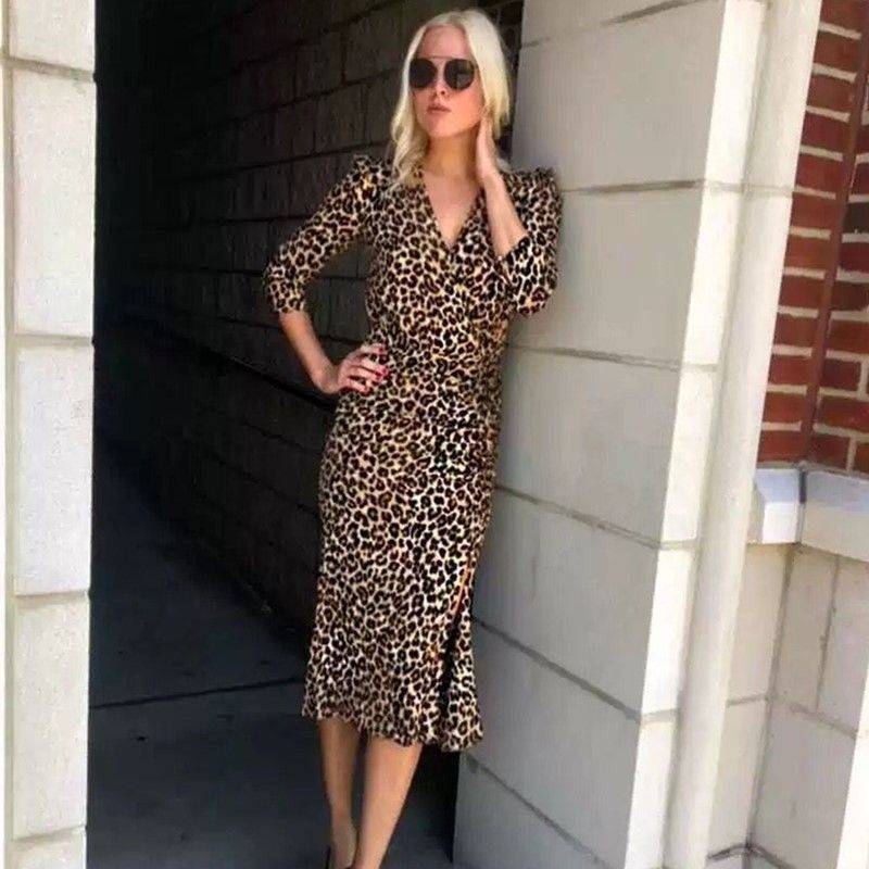 Vintage lacing up Bow Bandage V neck Long sleeve Leopard Dress