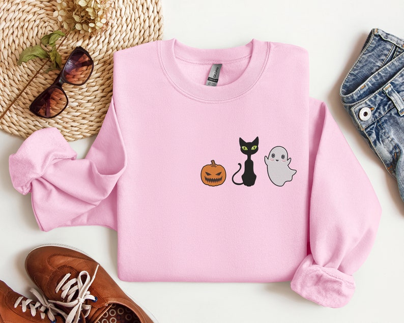 Black Cat Halloween Embroidered Sweatshirt 2D Crewneck Sweatshirt All Over Print Sweatshirt For Women Sweatshirt For Men Sws3092