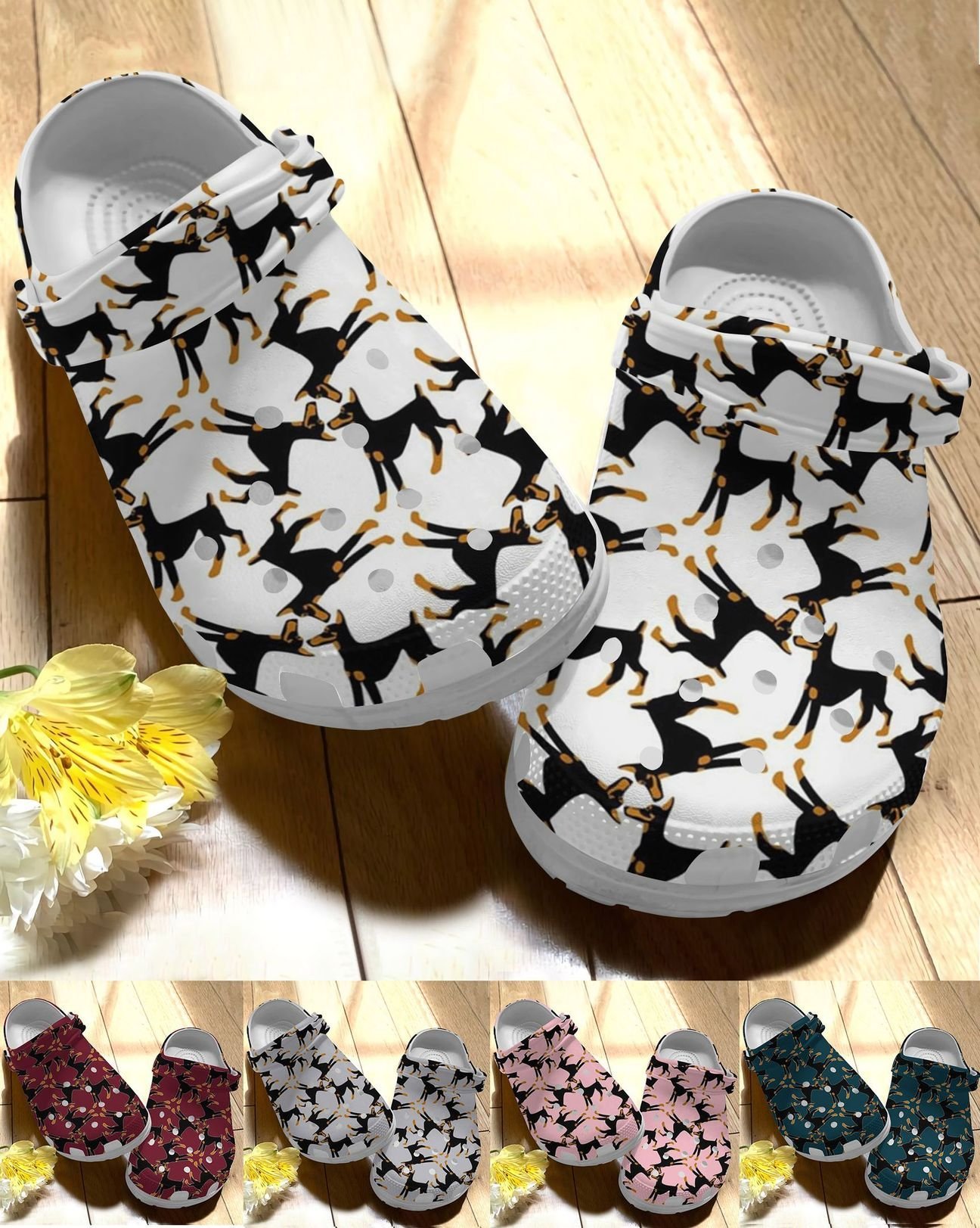 Doberman Dog Personalize Clog, Custom Name, Text, Fashion Style For Women, Men, Kid, Print 3D Dizzy Dobies 5 Colors