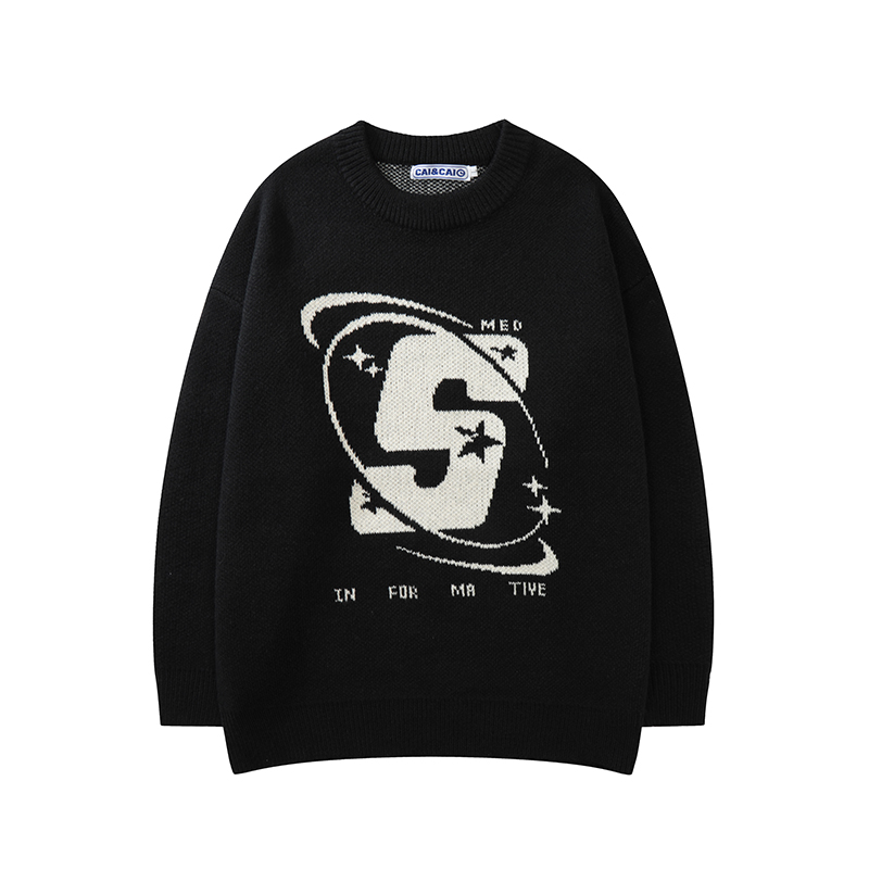 Capital Letter Print Solid Color Retro Men’s and Women’s Autumn Winter Sweaters Harajuku Crew Neck Oversized Baggy Knitted Top alx